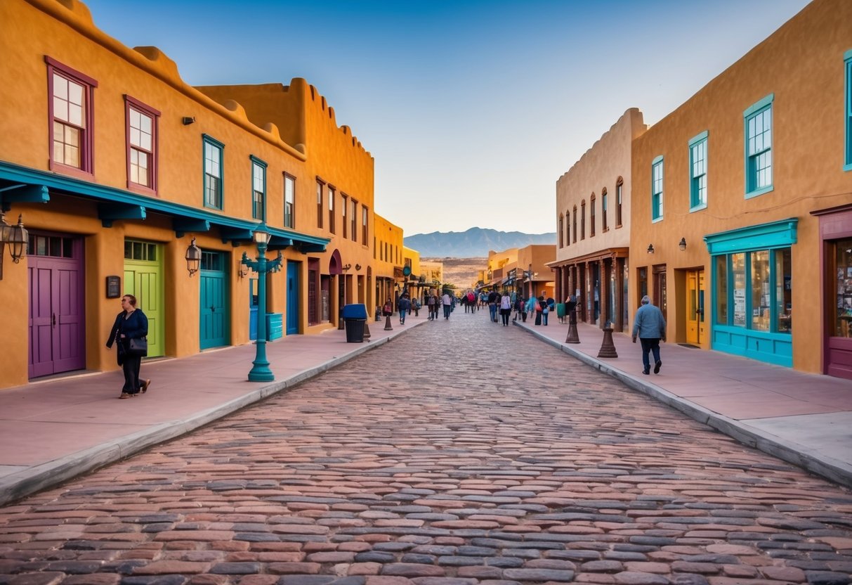 A cobblestone street winds past adobe buildings with colorful doors and windows in Old Town Albuquerque, New Mexico. Tourists stroll by historic landmarks and quaint shops