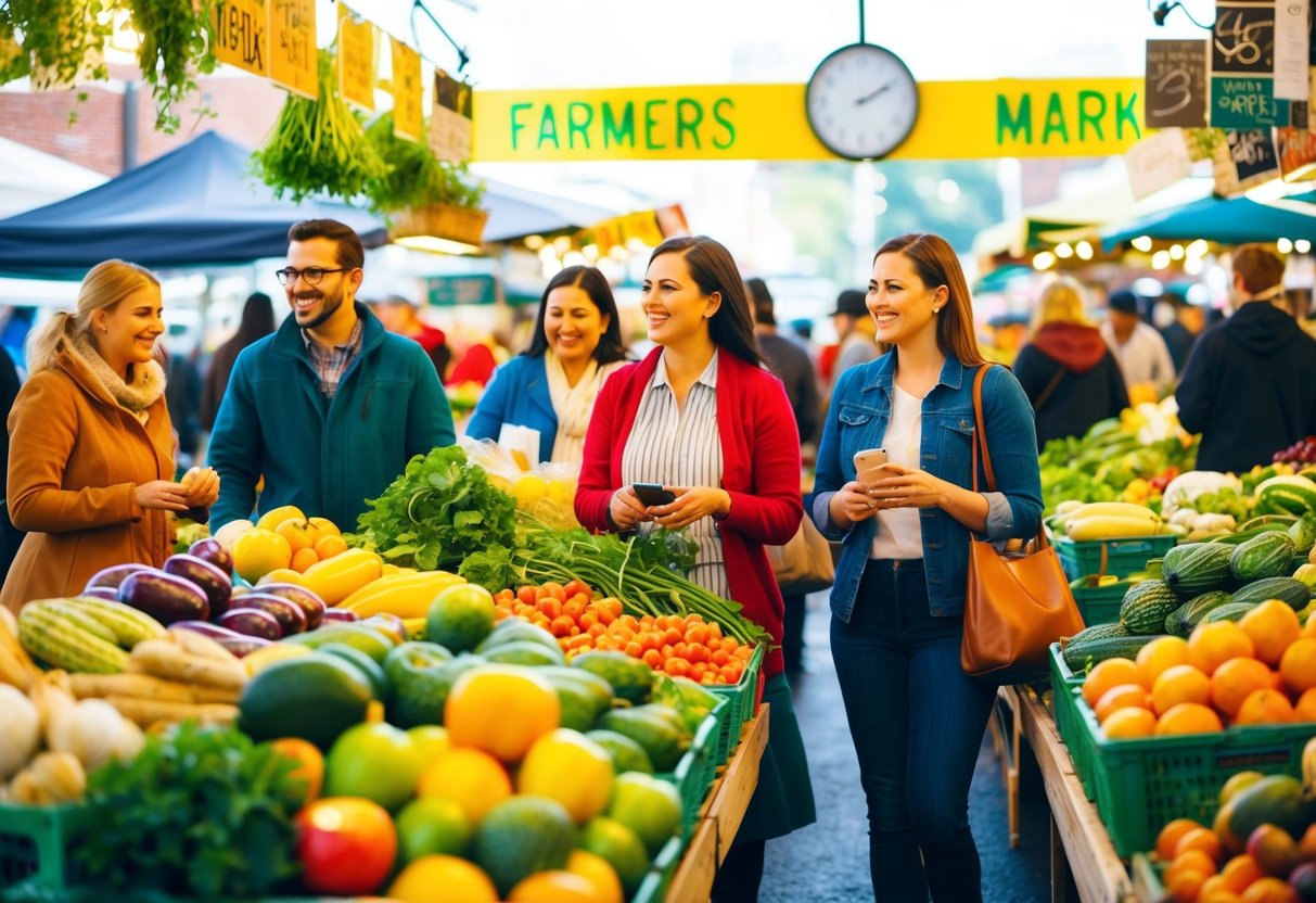 A bustling farmers market with colorful produce, lively vendors, and happy shoppers browsing through the various stalls