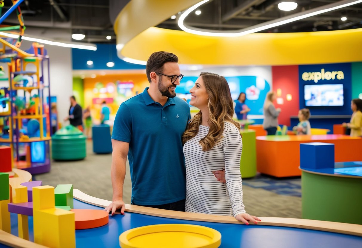 A couple explores interactive exhibits at Explora Science Center, surrounded by colorful displays and engaging activities