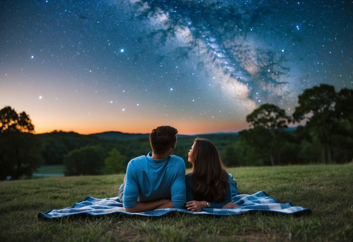A couple lies on a blanket, gazing up at the star-filled sky in the peaceful setting of Abilene State Park