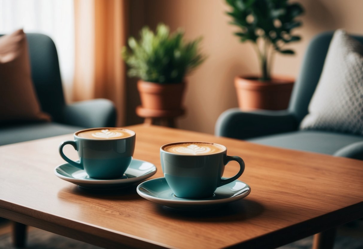 Two coffee cups on a wooden table, surrounded by cozy chairs and potted plants, with soft lighting and a warm atmosphere