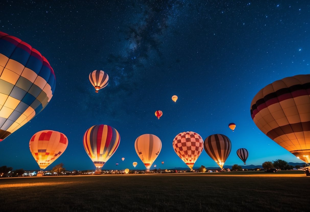A group of hot air balloons drift across the night sky, illuminated by the twinkling stars above, at Balloon Fiesta Park in Albuquerque, New Mexico