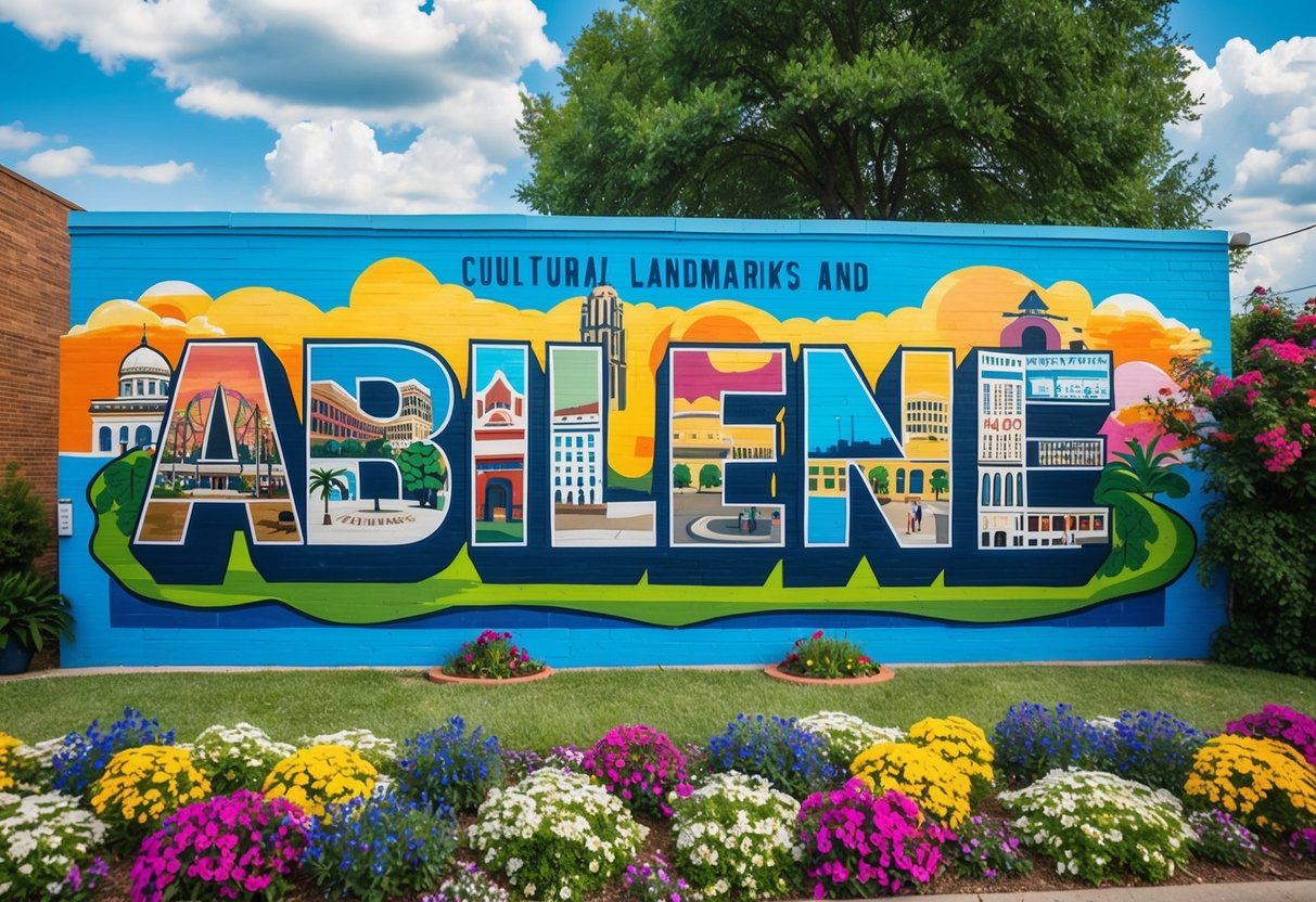 A colorful outdoor mural depicting Abilene's cultural landmarks and events, surrounded by vibrant flowers and greenery