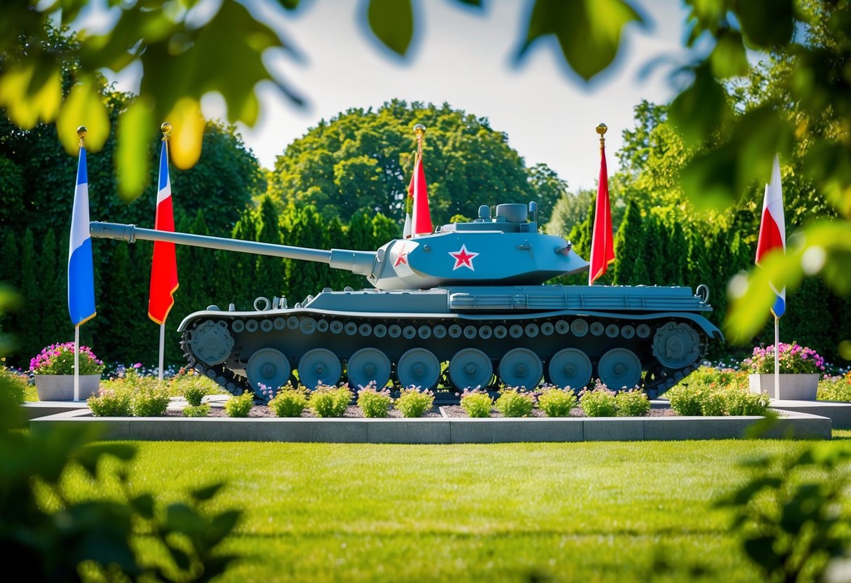 A peaceful memorial garden with a large tank and flags surrounded by lush greenery and flowers