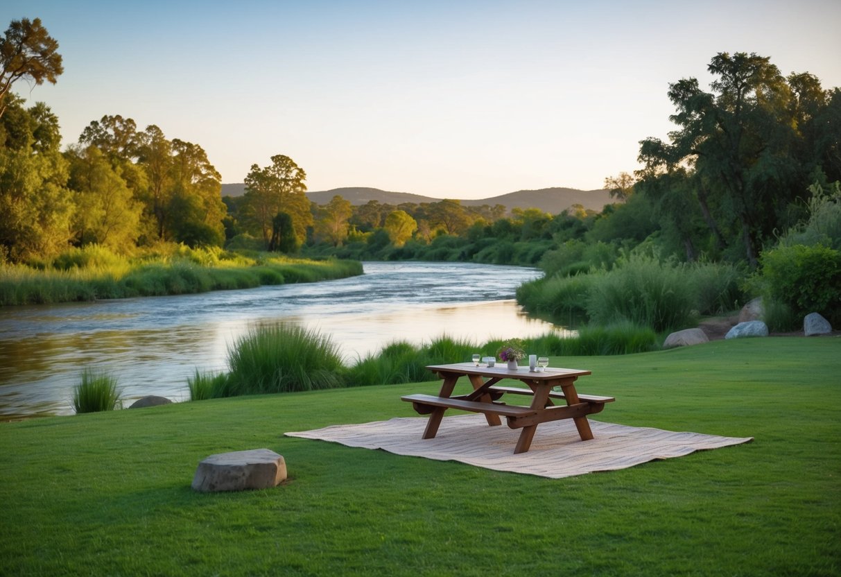 A serene picnic spot at Rio Grande Nature Center, with a table set for two overlooking the tranquil river and surrounded by lush greenery