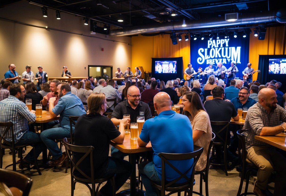 People sit at tables, sipping beer, listening to a live band at Pappy Slokum Brewery. The stage is lit, and the crowd is enjoying the music