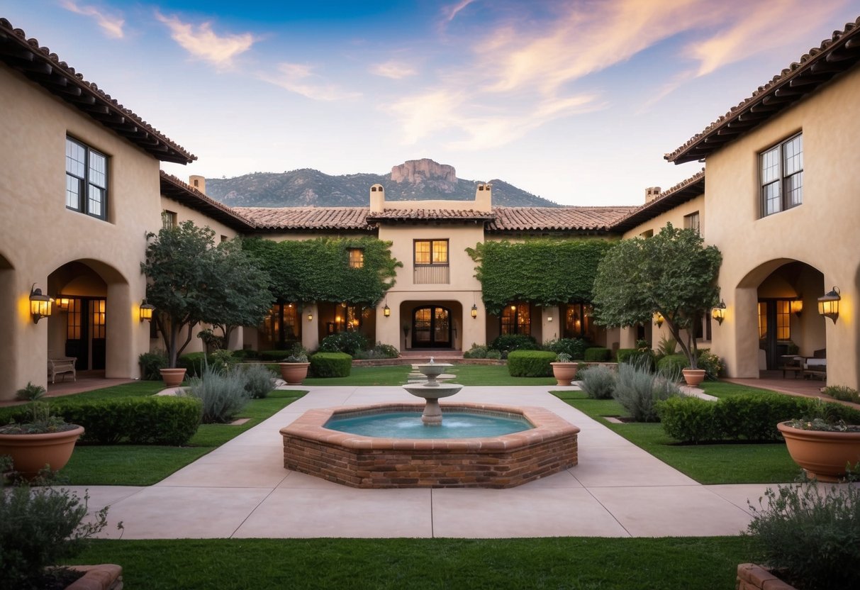 A serene courtyard at Los Poblanos Historic Inn, with adobe buildings, lush gardens, and a mountain backdrop