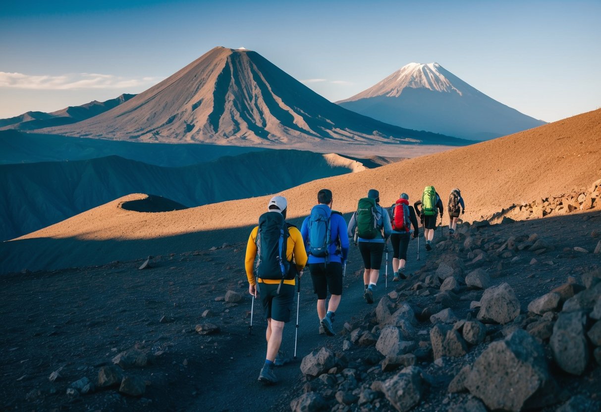 A group of hikers trek through a rugged landscape, with towering volcanoes in the distance and a clear blue sky overhead