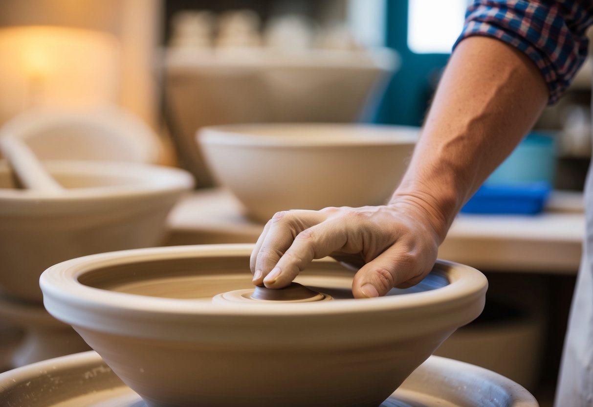 A pottery wheel spinning as clay is shaped at Cordell Pottery Studio