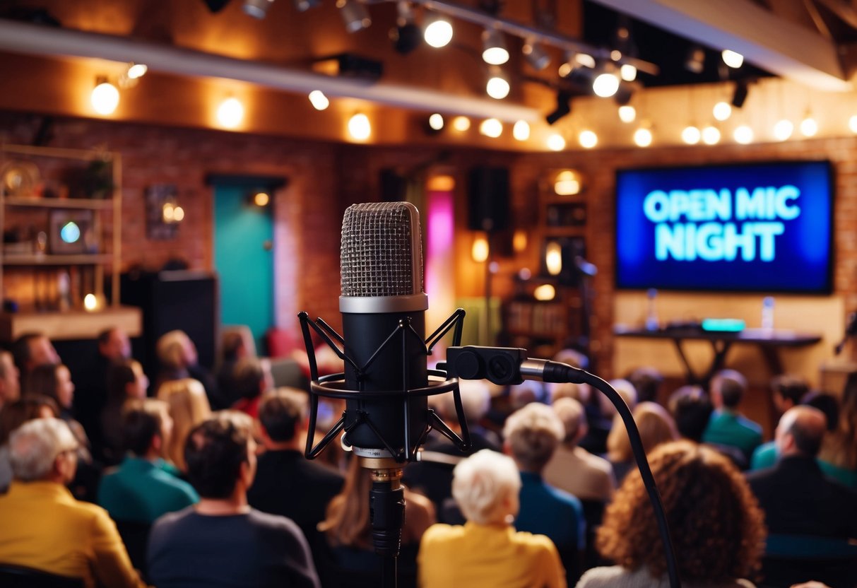 A cozy studio with a stage, microphone, and audience. Warm lighting and eclectic decor create a welcoming atmosphere for open mic night