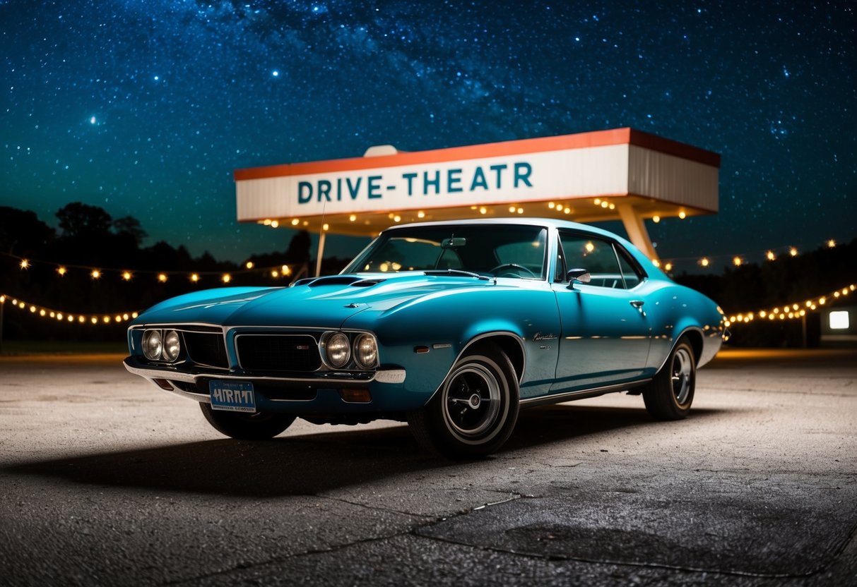 A vintage car parked at a classic drive-in theater, surrounded by twinkling lights and a starry night sky