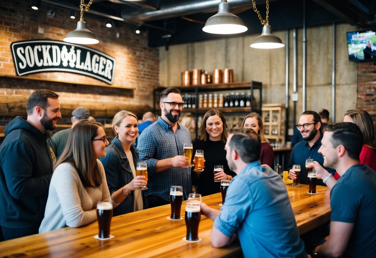 People gather at Sockdolager Brewing Company, tasting local brews in a rustic, industrial-style taproom with exposed brick and wooden accents