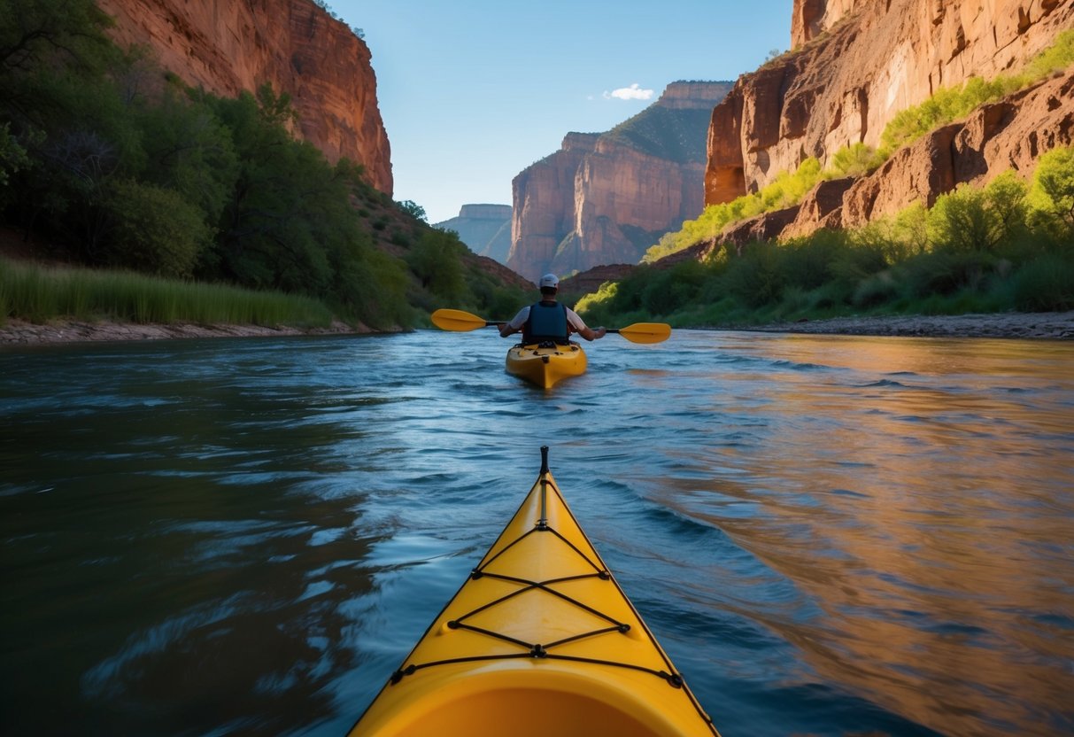 A kayak glides along the Rio Grande, framed by rugged cliffs and lush greenery, with the New Mexico sun casting warm, golden light on the water