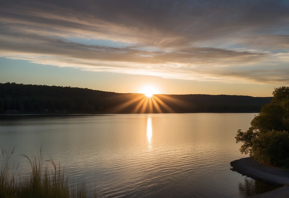 The sun dips below the horizon, casting a warm glow over the tranquil waters of Abilene Lake at Fort Phantom Hill