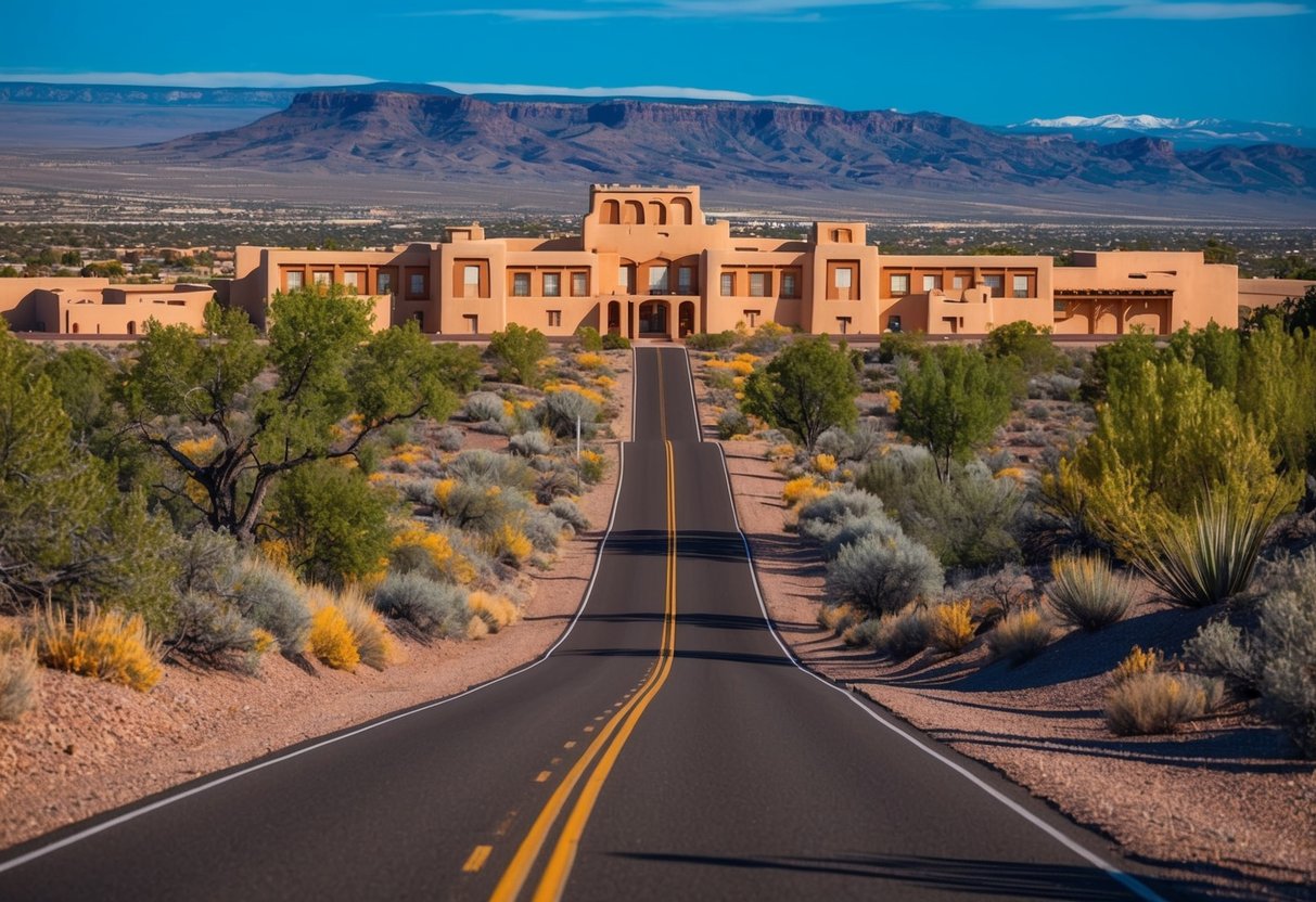 A winding road leads to the Georgia O'Keeffe Museum, surrounded by vibrant desert landscapes and adobe architecture in Albuquerque, NM