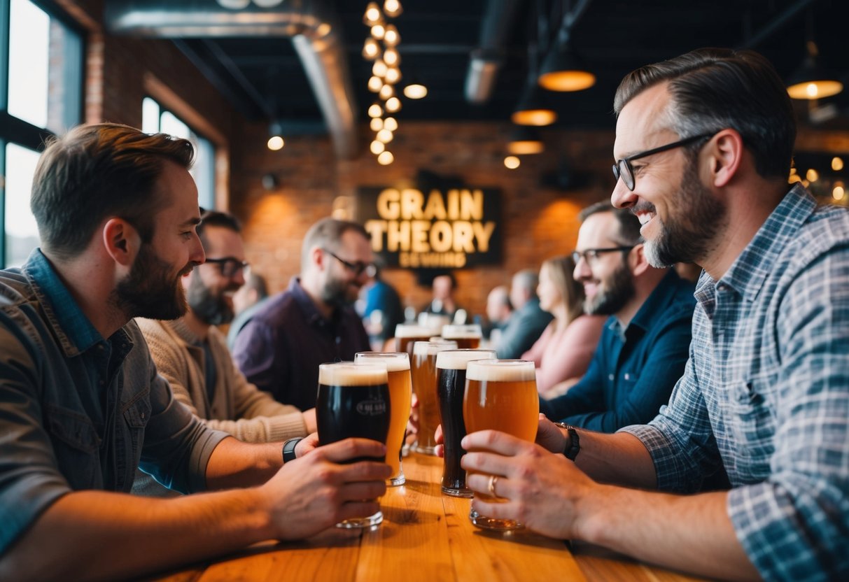 Patrons savor local brews at Grain Theory Brewing, surrounded by rustic decor and warm lighting