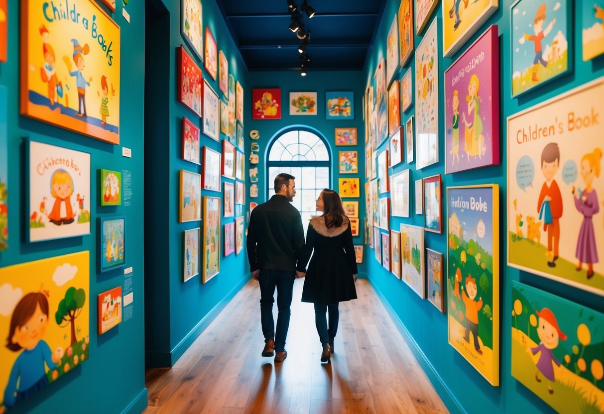 A couple walks through a vibrant gallery of children's book illustrations, surrounded by colorful and whimsical artwork depicting various scenes and characters