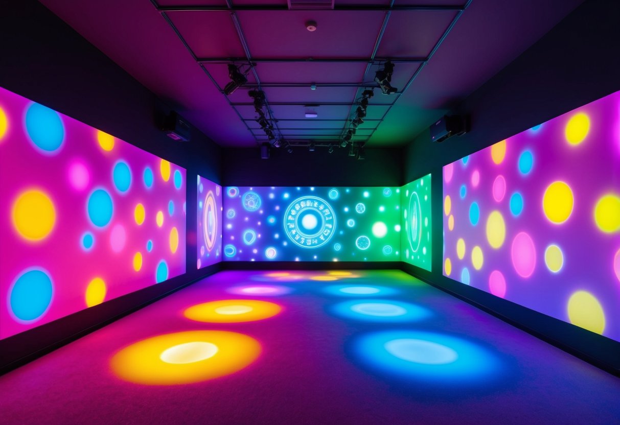 A colorful neon-lit room with interactive projections and glowing installations, creating a futuristic and immersive environment