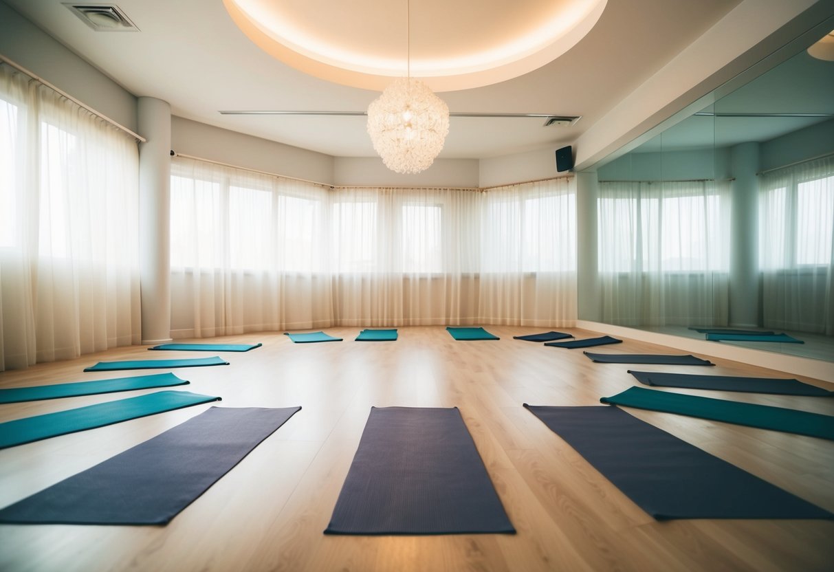 A serene yoga studio with soft lighting, mats arranged in a circle, and a peaceful atmosphere