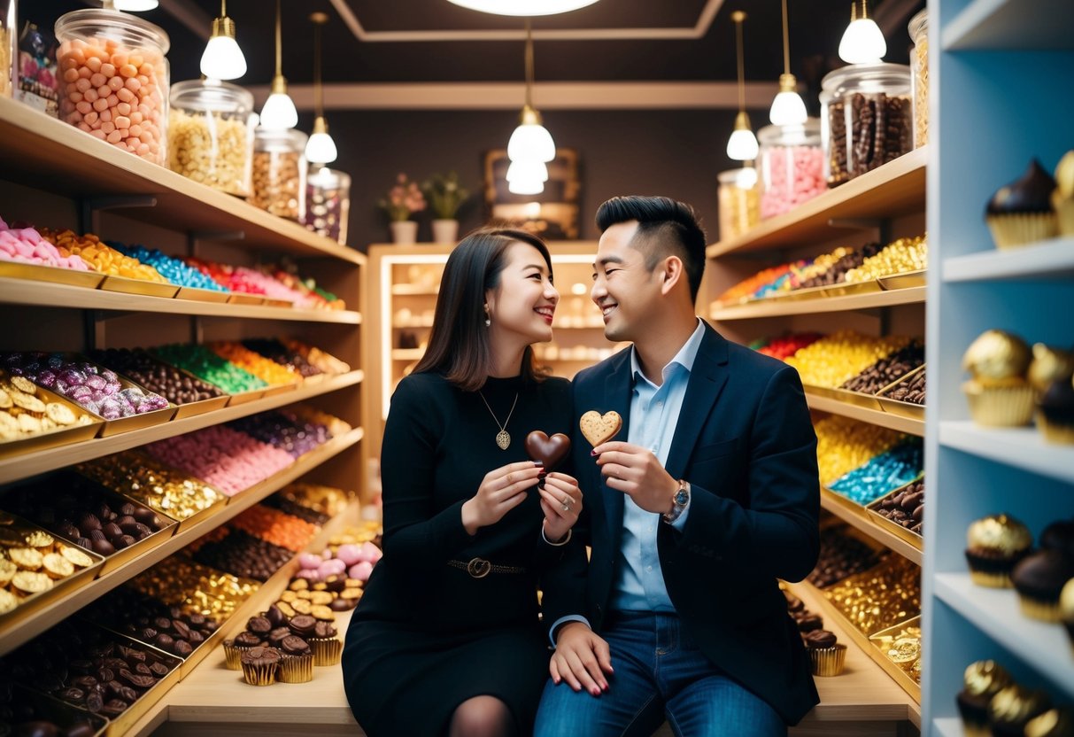 A cozy, dimly lit candy shop with shelves filled with colorful handmade chocolates and a couple enjoying a sweet date