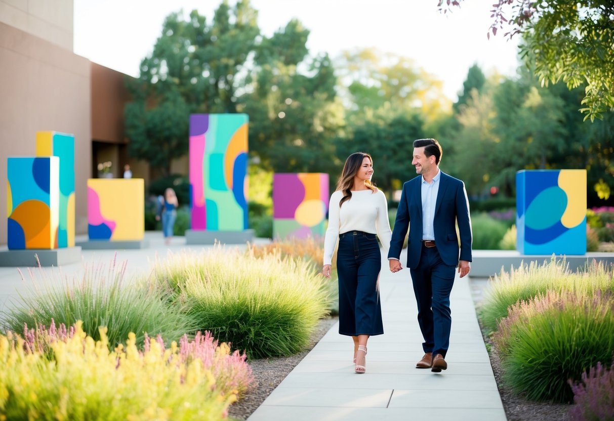 A couple strolling through the sculpture garden at the Albuquerque Museum, surrounded by colorful artwork and lush greenery