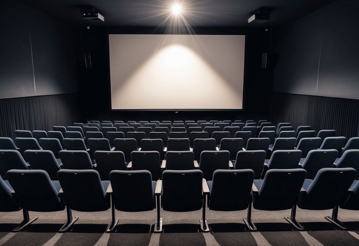 A dimly lit theater with rows of empty seats facing a large screen. A projector beams light onto the blank surface, casting a soft glow in the otherwise dark room