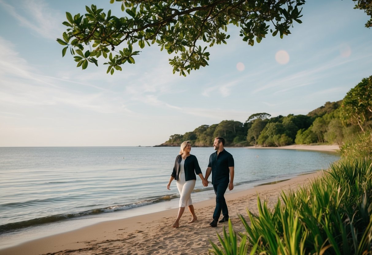 A couple walks along the tranquil waters of Tingley Beach, surrounded by lush greenery and the peaceful sounds of nature