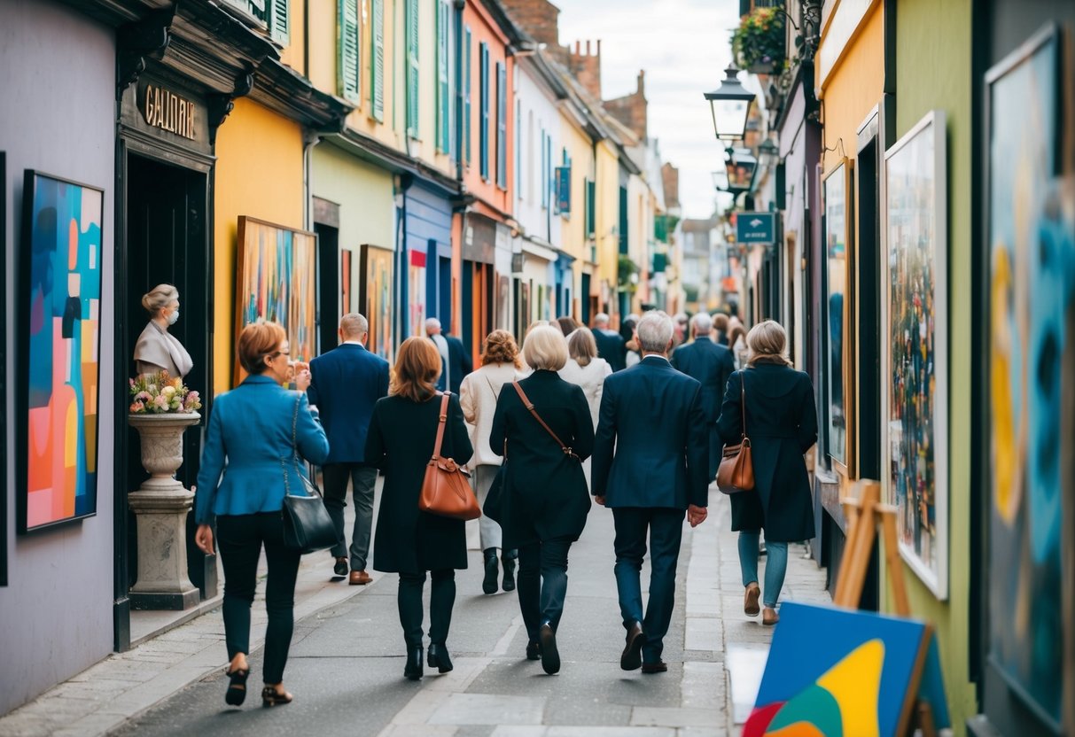 A bustling street lined with colorful art galleries, people strolling and admiring the various paintings and sculptures on display