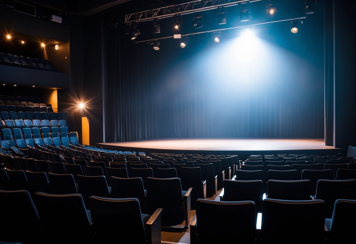A dimly lit theater stage with empty seats and a solitary spotlight shining down