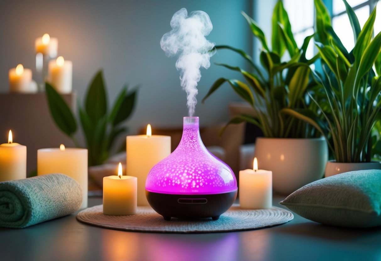 A tranquil spa room with soft lighting, flickering candles, and a bubbling aromatherapy diffuser surrounded by lush green plants and calming decor