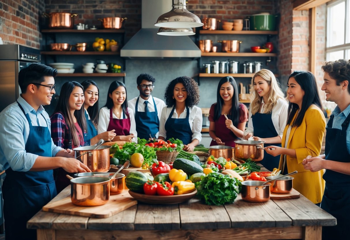 A rustic kitchen filled with colorful produce, copper pots, and a large wooden table surrounded by eager students