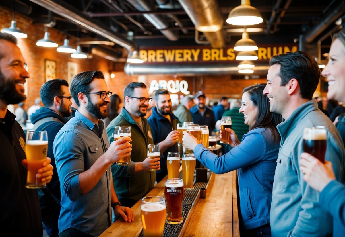 A bustling brewery tour in downtown ABQ, with patrons sampling craft beers and enjoying the lively atmosphere