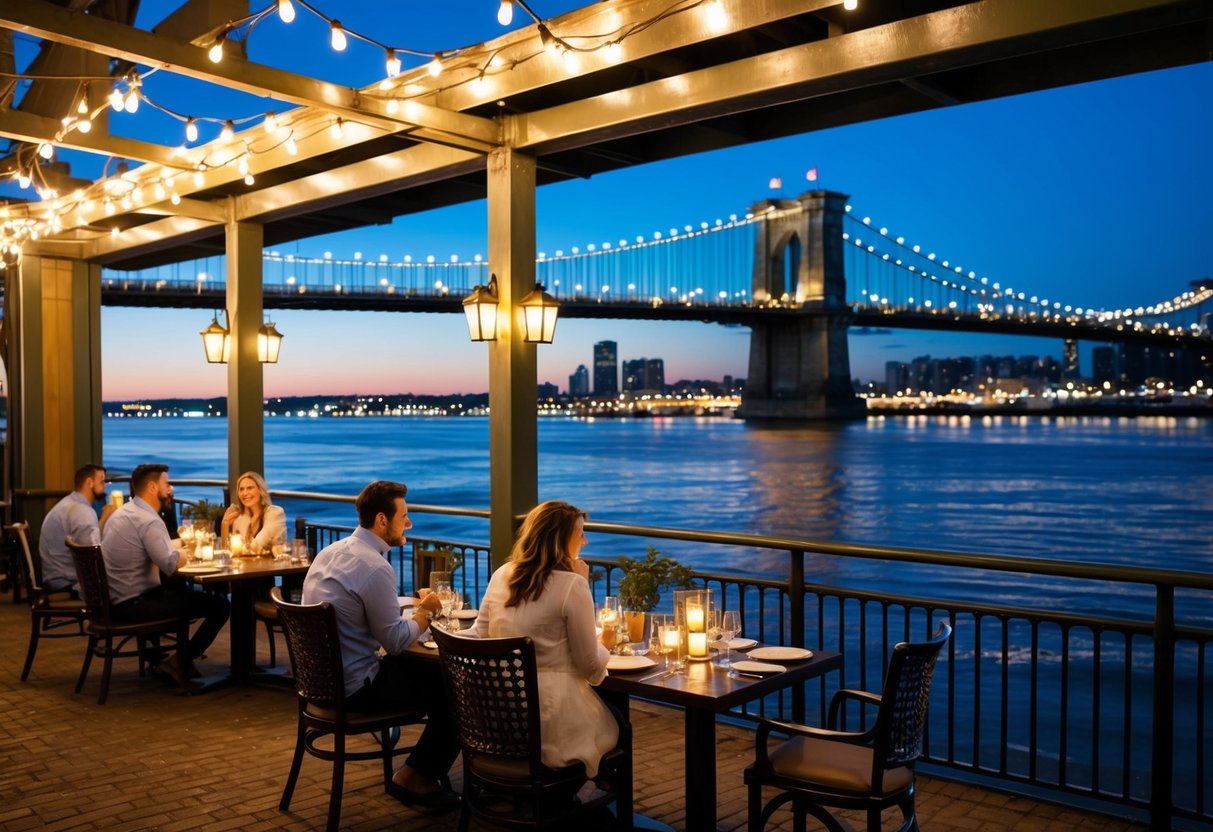 A waterfront restaurant at Eagle Street Pier with city lights reflecting on the river, couples dining under fairy lights and a view of the Story Bridge