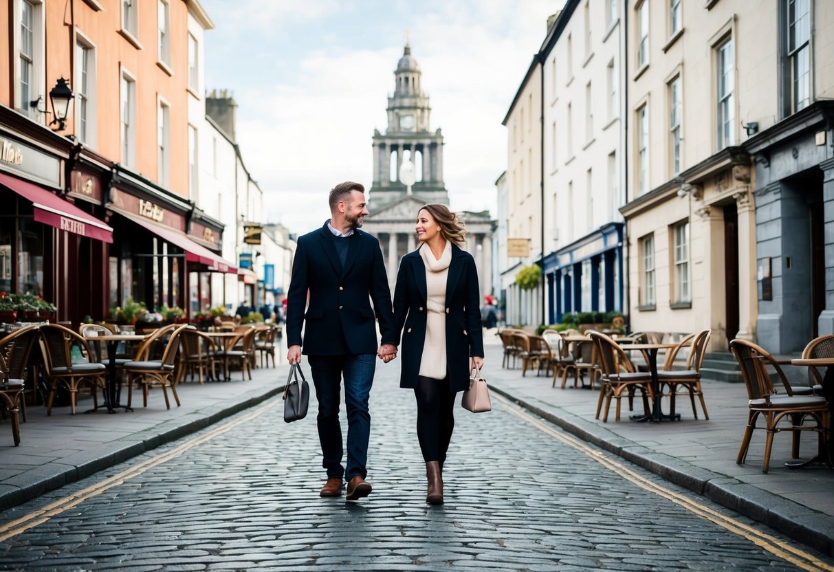 A couple strolling along the cobblestone streets of Belfast, passing by charming cafes and historic buildings, with the iconic City Hall in the background