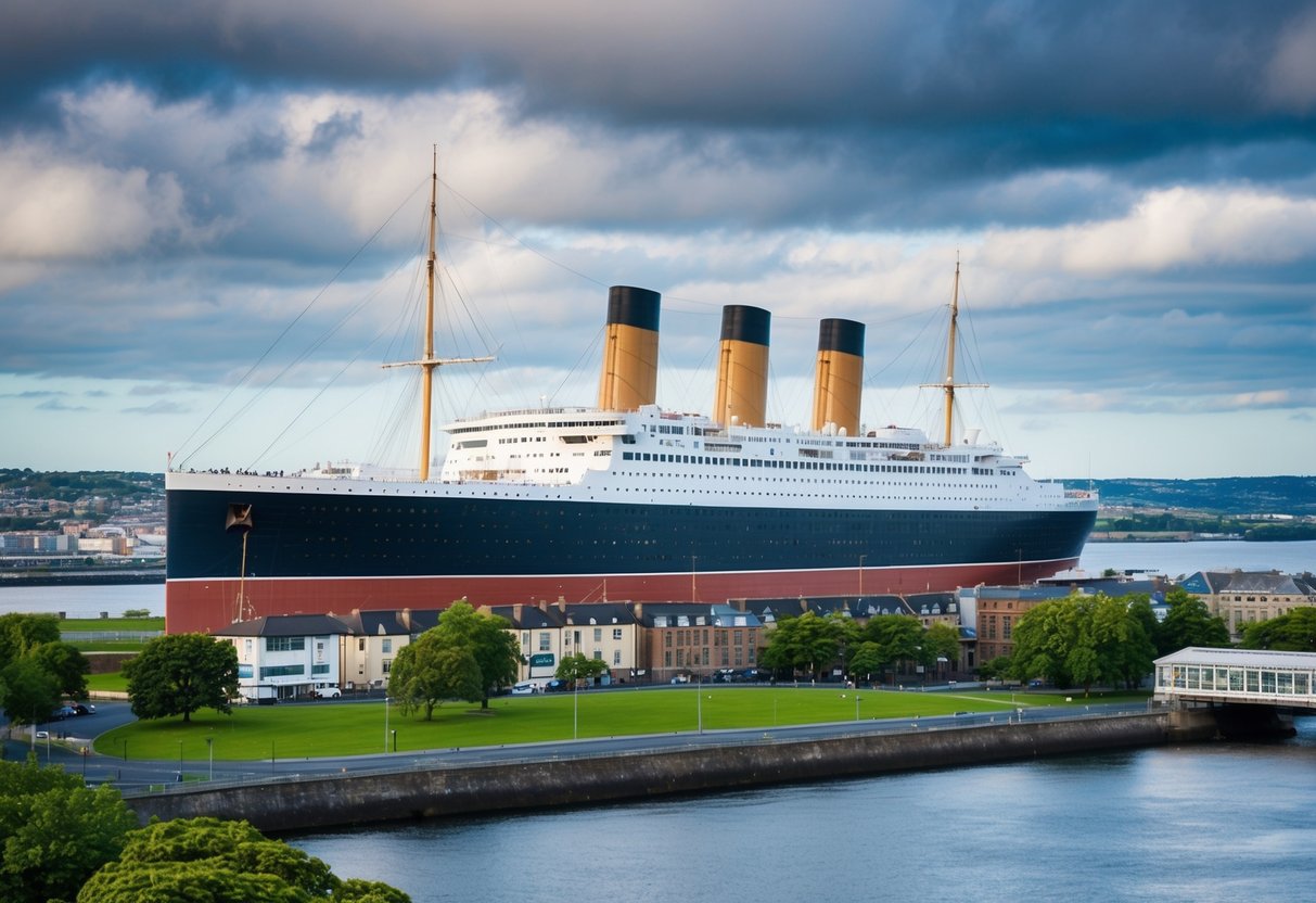 The iconic Titanic Belfast building stands against a cloudy sky, surrounded by green parkland and a waterfront