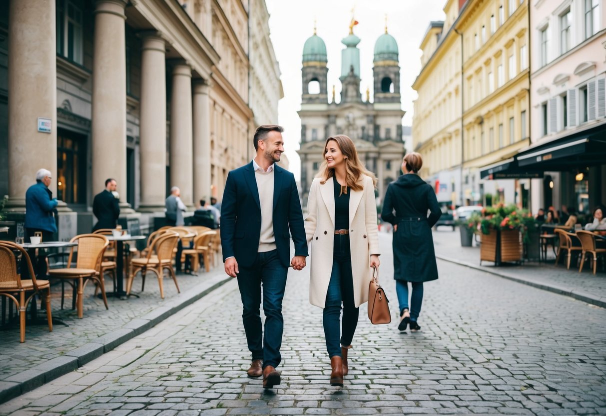 A couple strolling through the vibrant streets of Berlin, passing by historic architecture and trendy cafes