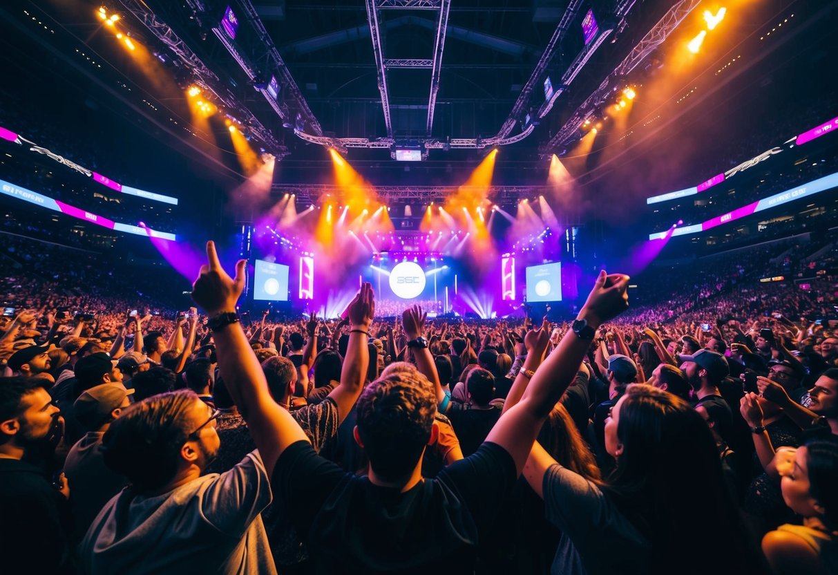 Crowd cheers as lights illuminate the stage at SSE Arena. Music fills the air, creating an electric atmosphere
