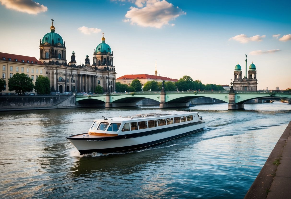 A boat glides along the tranquil Spree River, passing under the iconic bridges and alongside the historic buildings of Berlin