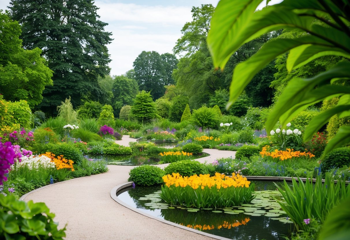 Lush greenery and colorful flowers fill the Berlin Botanical Garden, with winding paths and serene ponds creating a peaceful atmosphere for a romantic stroll