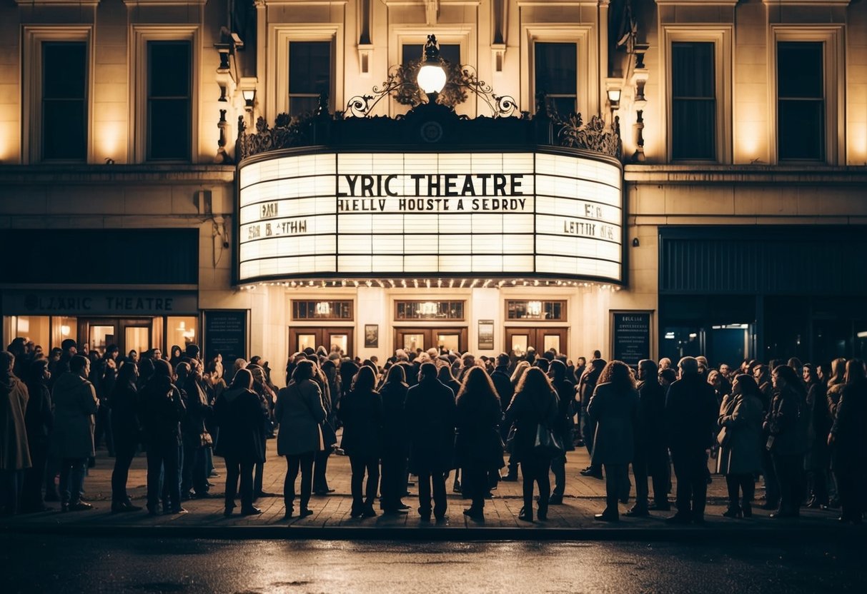 The iconic Lyric Theatre illuminated at night, with a crowd gathered outside, eagerly waiting to catch a show