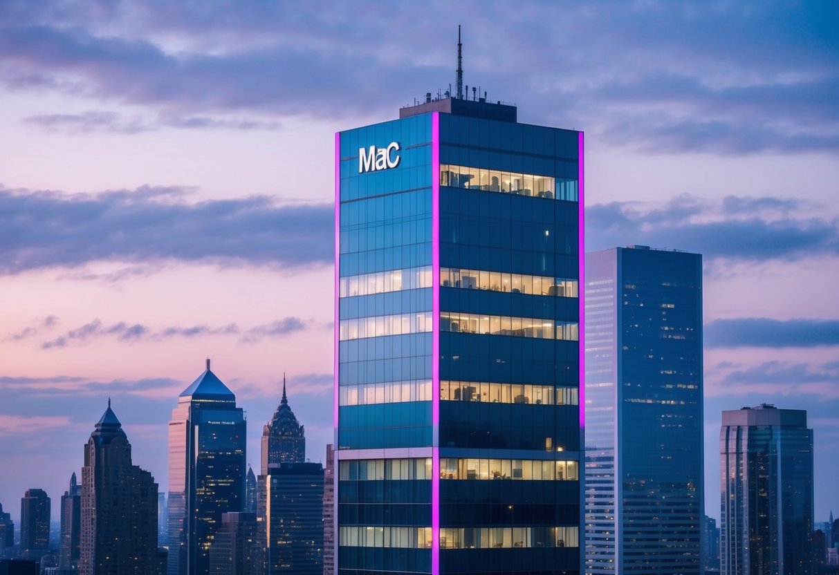 The MAC building stands tall against the city skyline, with its sleek, modern design and vibrant exterior lighting