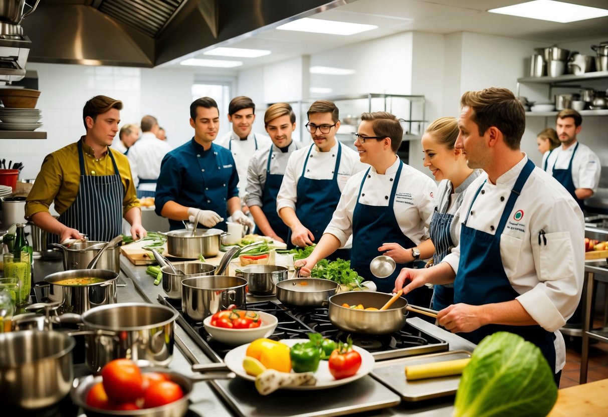 A bustling kitchen filled with pots, pans, and fresh ingredients. A chef instructs a group of eager students at Kochhaus in Berlin