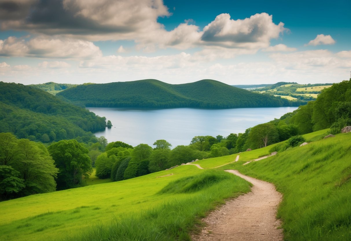 Lush green hills overlook a serene lake, with winding trails leading through dense forests and rocky outcrops at Cave Hill Country Park