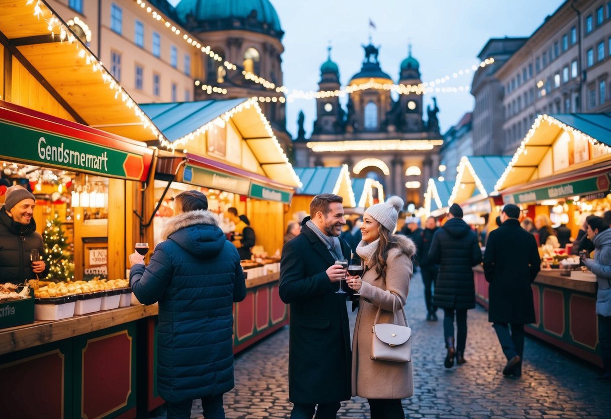 A bustling Christmas market with colorful stalls, twinkling lights, and couples enjoying mulled wine and festive treats in Berlin's Gendarmenmarkt