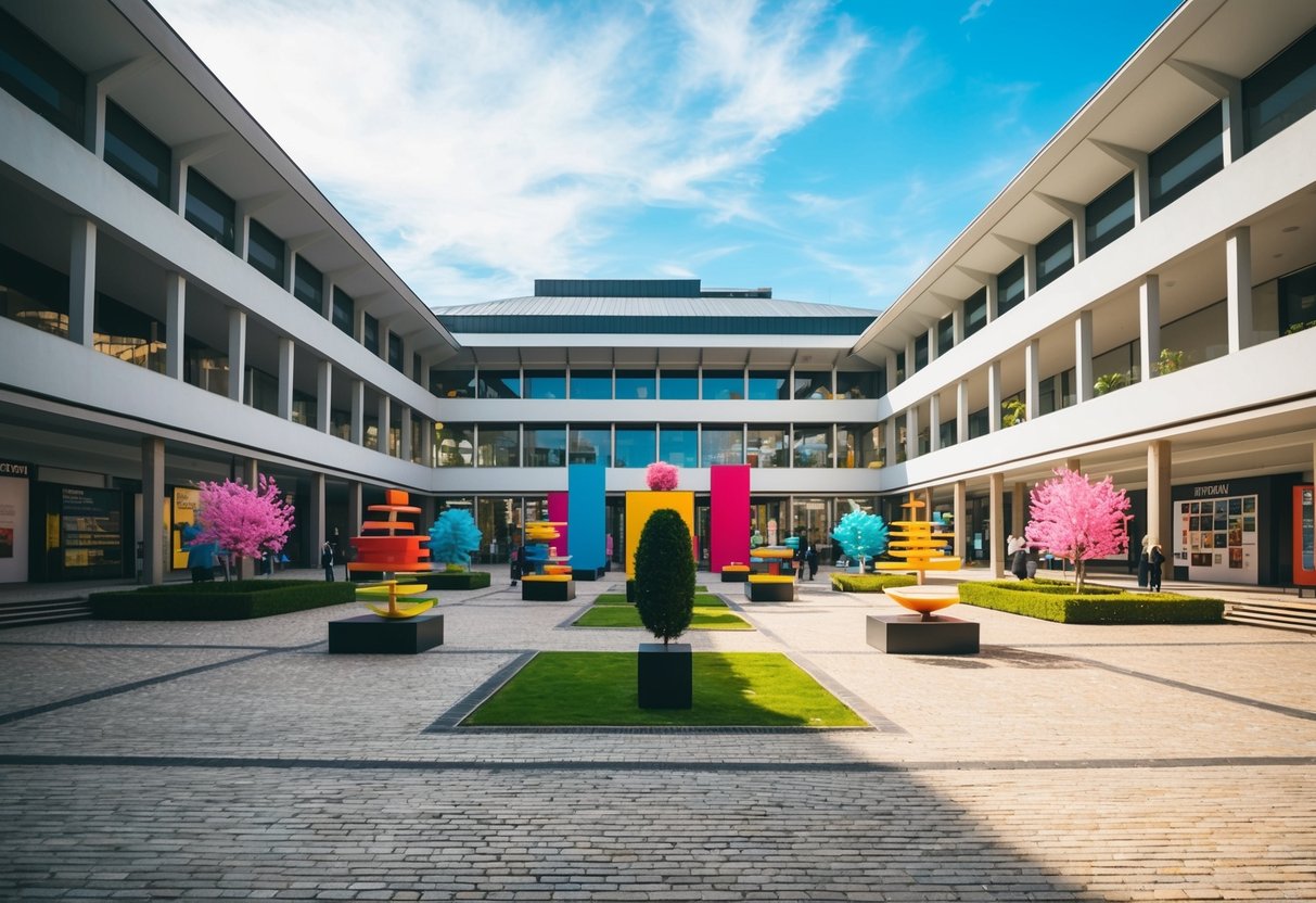 A bustling museum courtyard with modern architecture and vibrant outdoor art installations