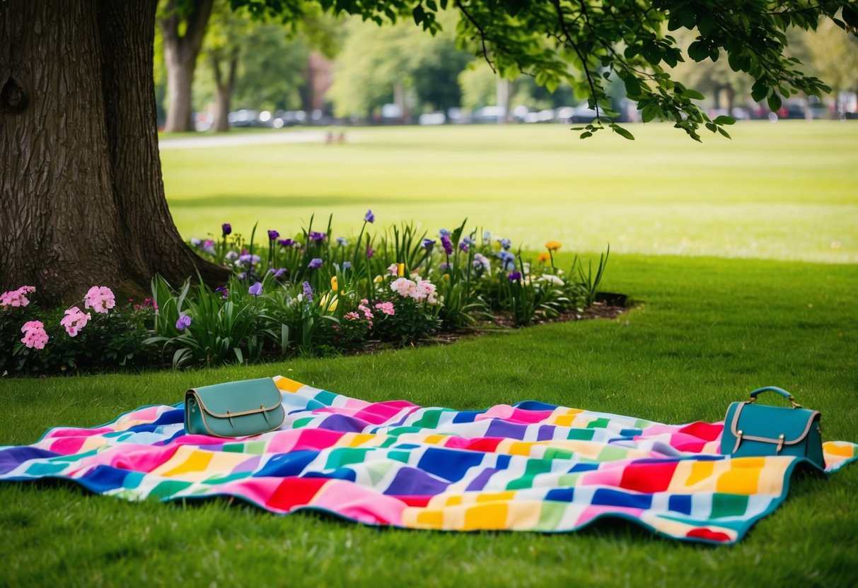 A colorful picnic blanket spread under a leafy tree, surrounded by lush green grass and blooming flowers in Ormeau Park, Belfast