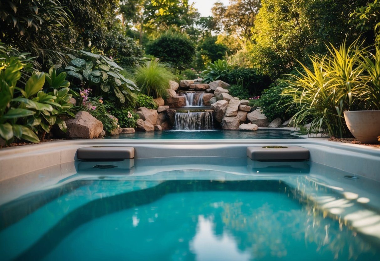 A tranquil spa pool surrounded by lush greenery and soothing water features