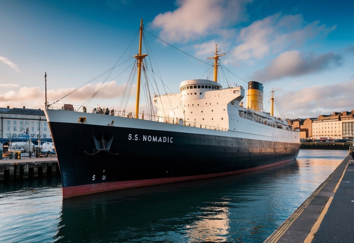 The SS Nomadic sits at the dock in Belfast, surrounded by historic buildings and a bustling waterfront