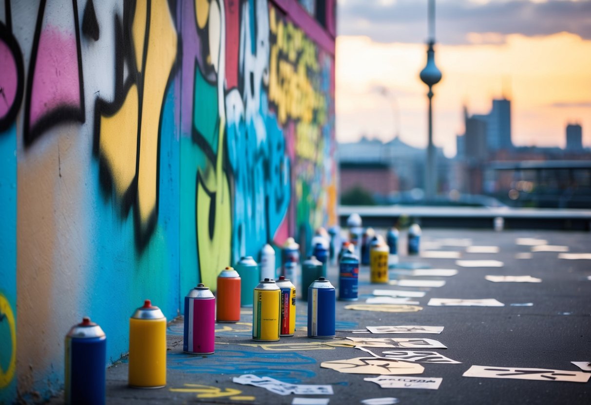 A colorful graffiti wall with spray paint cans and stencils scattered around. Berlin cityscape in the background