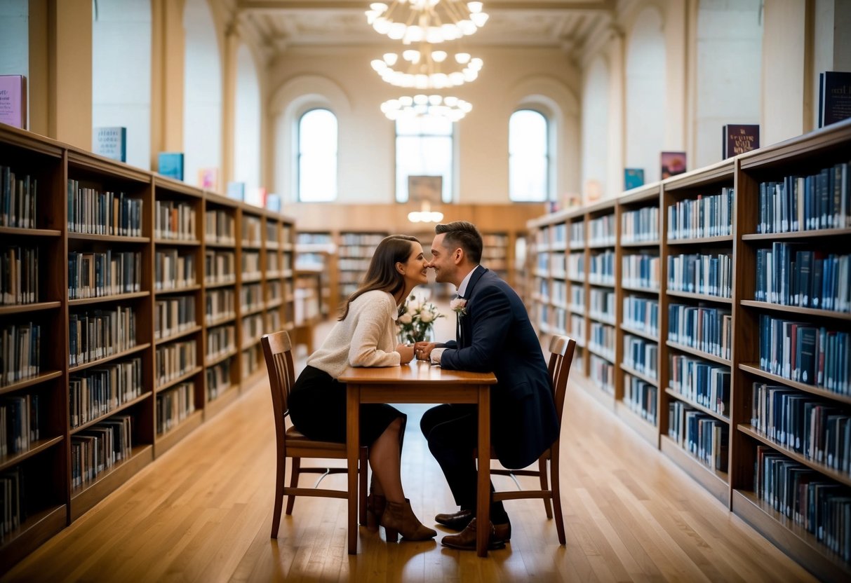 A couple sitting at a table in the Linen Hall Library, surrounded by shelves of books. The soft lighting creates a cozy atmosphere for a romantic date